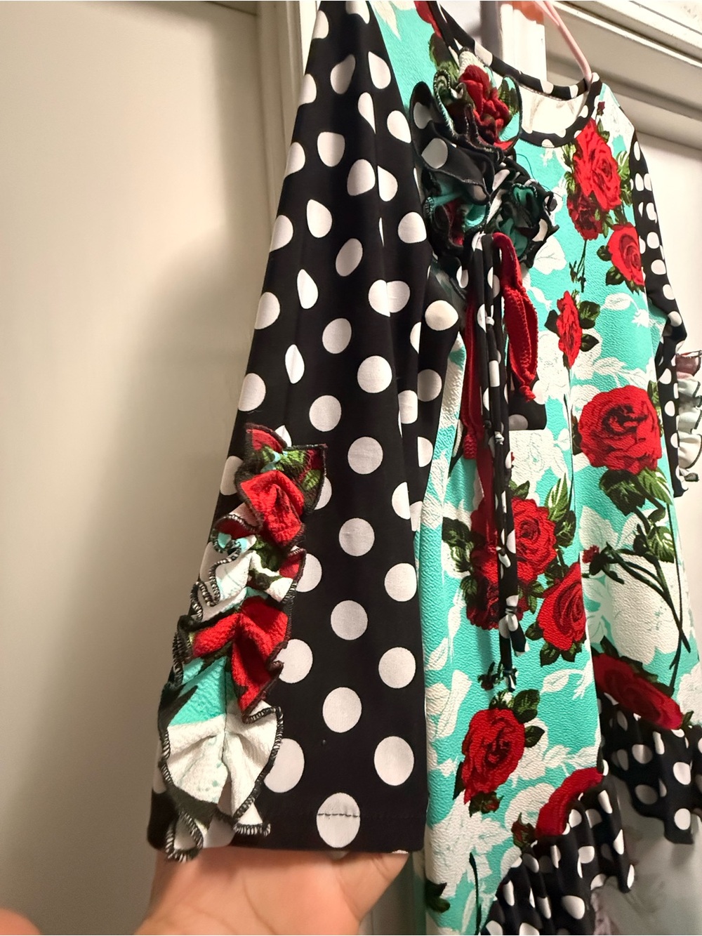 Floral Ruffle Hi-Low Blouse in Aqua and Red by - Picture 2 of 4